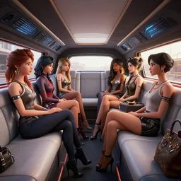 interior of a futuristic limousin, several pretty women, by BROM, by Greg Rutkowski, by Milo Manara, 3d scene, render, ultra realistic, artstation, cgsociety, level design, unreal engine, 3d scene, zenith view