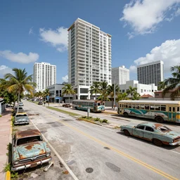 wide angle shot of dilapidated fallout 5 miami, tropical coastal city in real life, desolate, dilapidated, empty streets, some rusted retro futuristic vintage styled parked vehicles like cars, buses, trucks, trams, sunny weather, few clouds, volumetric lighting, photorealistic, daytime, spring, sharp focus, ultra detailed,