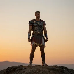 a lonely god of war standing tall on a hill, photorealism, sunset, greek mythology