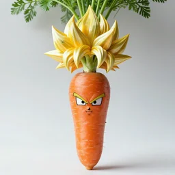 a photo of a carrot, carrot vegetable fusion with goku from dragon ball's face on the carrot, carrots as super saiyan hair
