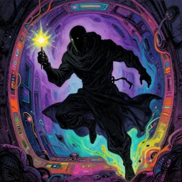 a true hero on the run, sinking into madness, wrapped in black, clutching a hopespark in the drifting void hallways. Fantasy Tron sci-fi illustration, vibrant neon inks painting, by Edvard Junjiito Picasso and Gustave Dore and Carl Critchlow