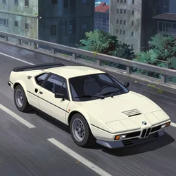 1975 Citroen DM BMW M1 Stratos, city in anime cyberpunk style by Hayao Miyazaki
