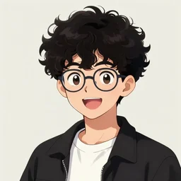 black-haired teenager with short curly hair, wearing glasses and a white shirt with a black jacket, he is chipper and excited. curly hair drawn by Yoji Shinkawa. character design