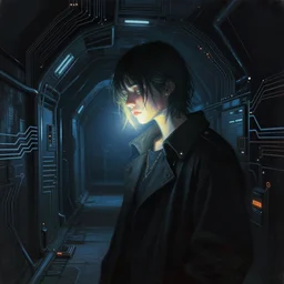 a person in a dark tunnel with a light on, cyberpunk art by elsa bleda, trending on cg society, light and space, dystopian art, futuristic, circuitry
