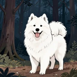 matte painting samoyed dog with linework in clearing in forest at night. forest is lit by eerie blue glow. ufo. digital painting. digital render. beeple. noah bradley. cyril roland. trending on artstation.