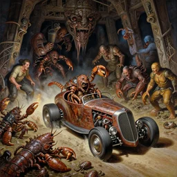 painting varied filthy rugated armored crustaceans clawing & terrified as massive brutalist structure, claustrophobic hot rod legs drag race, clustered horror, by virgil finlay, vincente b ballestar, by francesco blanc, geof darrow, bisley, & by jack gaughan high resolution, hyper detailed, cinematic, ornate masterpiece, torch light shot on