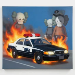 burning police car by shusei nagaoka, kaws, david rudnick, airbrush on canvas, pastell colours, cell shaded, 8 k