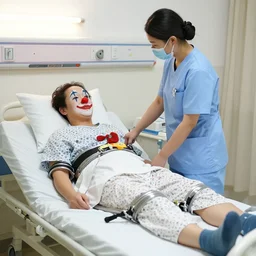 nurse taking care of a patient who is a clown who is in restraints in a hospital bed