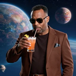 Nick fury enjoying himself on a beautiful planet while sipping on a cocktail