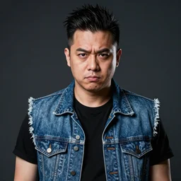 portrait of a maniac wearing a denim vest named spike. exaggerated features. digital art. harsh lighting.