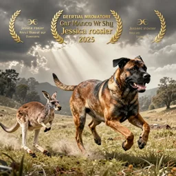 a boerboel mastiff running, a kangaroo being chased, detailed, intricate, by jessica rossier