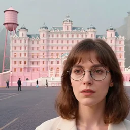 cinematic mid shot of a woman's face with round glasses. she stands in a pastel 3 d minimalist, street scene with water tower, by jeffrey smart and gregory crewdson and edward hopper, grand budapest hotel