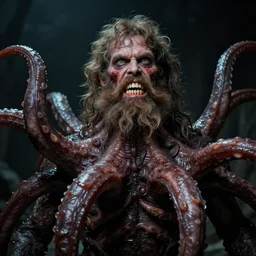 filmic bearded man with living teeth and tentacles in the style of the horror film The Thing 1982