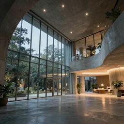 dreaming interior architecture, dynamic lighting, glass windows, dreamy, relaxing environment, hyperrealistic, intricate details, 8 k, lighting on concrete