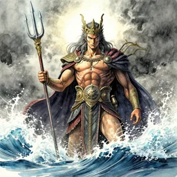 Poseidon with crown and trident rising from the ocean, watercolor, dramatic lighting, cinematic, establishing shot, extremly high detail, foto realistic, cinematic lighting, pen and ink, intricate line drawings, by Yoshitaka Amano, Ruan Jia, Kentaro Miura, Artgerm, post processed, concept art, artstation, matte painting, style by eddie mendoza, raphael lacoste, alex ross