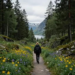 walking down a deep norwegian mountain gorge, mountain corridor, norwegian yellow and purple wild flowers, norwegian tall spruce tree forest, mountain lake in distance, beautiful, serene, cinematic, cinematography, landscape photography, realistic, samyang 1 2 mm lens, first person view, 8 k, unreal engine, depth of field