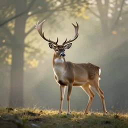 realistic proportioed alert buck white tail deer with large antlers standing on top of a hill with light shining through the trees in the early morning, global illumination, volumetric shadows, volumetric lighting digital painting, trending on artem, trending on deviantart,