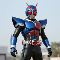 dragon inspired High Fantasy Kamen Rider, blue with red secondary color, 4k, glowing eyes, daytime, black rubber undersuit