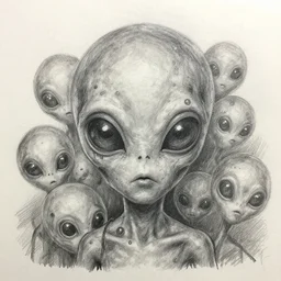 a crude pencil sketch of a lots of small eyes alien zombie with multiple eyes and grey oily skin, multiple small black eyes