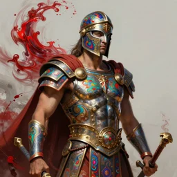 hyper detailed ultra sharp of a ancient greek warrior, trending on artstation, warpaint aesthetic, bloodwave, colorful, psychedelic, ornate, intricate, digital painting, concept art, smooth, sharp focus, illustration, art by artgerm and greg rutkowski and h. r. giger, 8 k