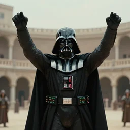 film still of Darth Vader as Maximus in the arena with his arms up in Gladiator 2000, 4k