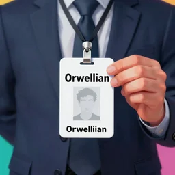 orwellian id card held by marketing professional, ultra realistic, digital painting, ambient lighting, vibrant colors, hyper realistic, minimalist art style, artstation, featured on z brush, 3 5 mm film grain