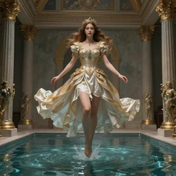 a girl levitating in a room full of water, very beautiful fantastic painting D&D Concept Art, full length, ultra Realistic, Regal, Refined, Detailed Digital Art, Exquisite detail, post-processing, masterpiece, Cinematic Lighting, Unreal Engine, 8k, HD