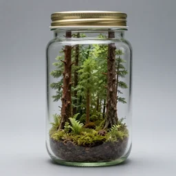 A photo of a tiny forest inside a jar, studio photo, highly detailed,studio lighting
