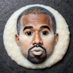 a face of kanye west made of congee, michelin star photography