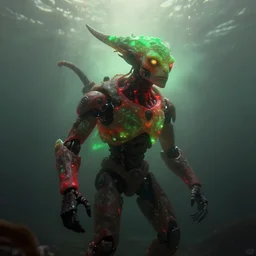 ( underwater ) middle length portrait of a living goo glowing cyborg leshy, cinematic light, looking to the side off camera, backlight glow, green bright red, mist, by mikhail vrubel, by philippe druillet, by peter elson, by gerald brom, muted colors, extreme detail, trending on artstation, 8 k