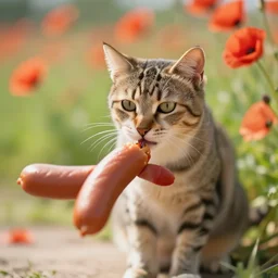 a cat with a sausage : : photorealistic : : 1 sunlight : : 1 telephoto lens : : 1 coquelicot color : : 1 dof