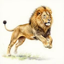 jumping lion. realistic watercolor and pencil painting.