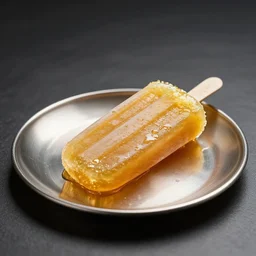 a shining golden popsicle served on a silver plate, ambient light, professional photograph, canon eos
