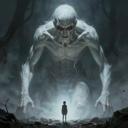 an immense beautiful terrifying pale humanoid giant looms over a tiny human. ethereal horror fantasy art by greg rutkowski and artgerm