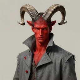 triple a game concept art handsome tall man with narrow face and crimson skin, large curved black and white striped ibex horns on a head, tattered slate gray collared coat with red buttons, art by dustin nguyen akihiko yoshida greg tocchini, close up shot, empty background, elegant, hyperrealism, morandi color scheme, octane render, commission art