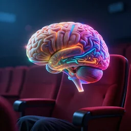 an illustration of a brain sitting in a chair at the cinema, moody lighting, lens flare, atmosphere, glow, detailed, intricate, full of colour, cinematic lighting, trending on artstation, 4 k, hyperrealistic, focused, extreme details, unreal engine 5, cinematic, masterpiece