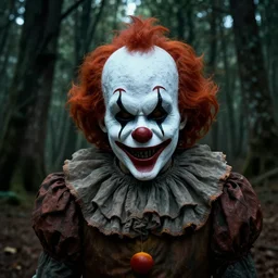 creepy mask of a sinister clown in a dangerous forest