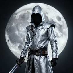 photo of a moon themed assassin with silver robes