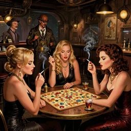 women in the interior of a steampunk pub, Milo Manara, night time, Margot Robbie, Scarlett Johanson, zoey Deschannel, smoking cigarettes, playing board games, highly detailed, pulp fiction movie poster art, level design, concept art, artstation, cgsociety, zenith view