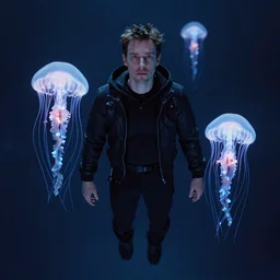 portrait film still of a man floating with glowing jellyfish from the movie prometheus. octane render. cinematic. mamiya. medium format. caustics. f 4. chromatic aberration.