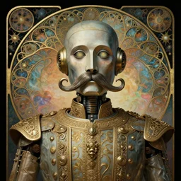 1 9 6 9 jimi hendric robot, large metal mustache, muted colors, benevolent, nebula background, glowing eyes, detailed realistic surreal retro robot in full regal attire. face portrait. art nouveau, visionary, baroque, giant fractal details. vertical symmetry by zdzisław beksinski, alphonse mucha. highly detailed, realistic