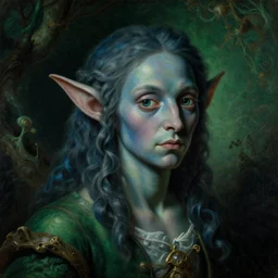 a close - up rococo portrait of an spriggan elf. dark blue green, beautifully illuminated organic surroundings. 1 8 th century science fiction fantasy painting by jean - honore fragonard, moebius, and stanislaw fernandes.