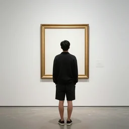 one-legged man seen from behind standing in an empty gallery contemplating over a frame hanging at the opposite wall, photo taken with provia 1967