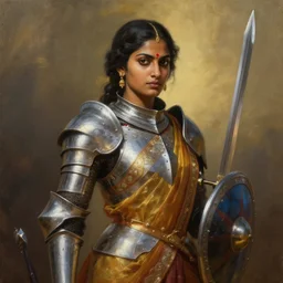 greg manchess oil matte portrait painting, sri lankan female knight, sword and shield, wonderful masterpiece highly detailed, scifi, beautiful cinematic light deep focus, elegant, digital painting, smooth, sharp focus, golden ratio, dramatic illumination, ultra realistic, 4 k, art by greg rutkowski wlop rossdraws