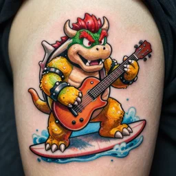 tattoo art of Bowser riding a surfboard playing a double neck guitar