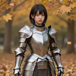 a masterpiece hyperrealistic ultradetailed fullbody photograph of a lifelike real human anime girl wearing steel plate armor, surrounded by fall leaves, made by wlop, actual person, k - pop, rough skin pores texture, cute, photoreal image, rendered, unreal engine 5, extremely detailed, trending on artstation, sharp focus, 4 k