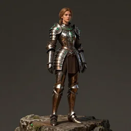photo of a beautiful medieval female scout, brown plated armor with green crystals, full body portrait, on a cliff, elegant, highly detailed, smooth, sharp focus, illustration, beautiful, geometric, trending on artstation, unreal engine, octane render, cinematic, artwork by WLOP