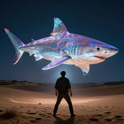 a holographic projection of a huge colorful transparent shark appears in the desert at night, a man is stunned, by anton fadeev and jame paick, highly - detailed, fantasy