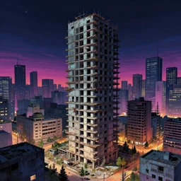 a beautiful detailed illustration of unfinished building abandoned urbex city village architecture by alvaro leite siza vieira, bladerunner 2 0 4 9 saturn retrowave tokyo at night, archdaily, wallpaper, highly detailed, trending on artstation.
