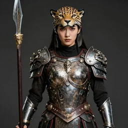 photo of a female warrior wearing metal jaguar armour